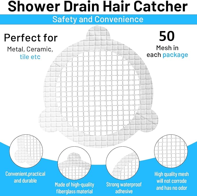 50 PCS Disposable Shower Drain Hair Catcher 3.54 Inches Round Drain Hair Catcher Stickers for Bath & Kitchen - Hair Catcher Shower Drain Cover for Human & Pet Hair - Mesh for Bathtub & Laundry