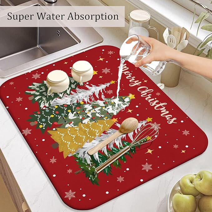 Christmas Kitchen Countertop Dish Drying Mat, Red Christmas Tree Snowflake Pattern Microfiber Kitchen Drying Mat, Washable Absorbent Countertop Xmas Winter Holiday Dish Mat Drainer,18x24Inch