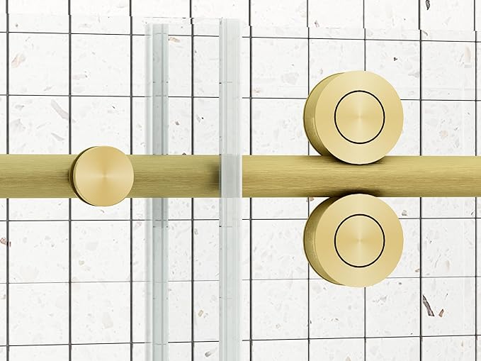 Sunrosa Frameless Shower Door, 44-48" W x 76" H Sliding Shower Door with Handle, Glass Shower Door with 5/16" (8 mm) Clear SGCC Tempered Glass, Brushed Gold