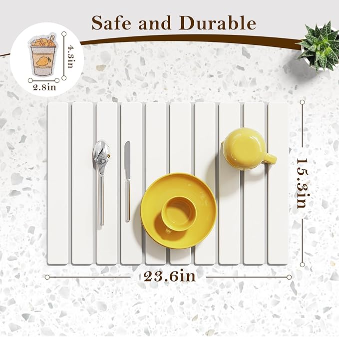 Large Stone Dish Drying Mats for Kitchen Counter,23.6“x 15.3”,Eco-Friendly,Foldable quick dry stone mat kitchen,Absorbent Diatomaceous Earth Mats for Dishes Bottles Cups Bathroom Any Countertop-white