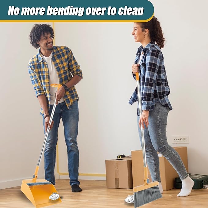 Broom and Dustpan Set for Home, 180° Rotating Broom Combo, Foldable Stand Dust Pans, Long Handle Broom and Dustpan Combo Set with Comb Teeth for Cleaning Kitchen Room Office Lobby Floor (Orange)
