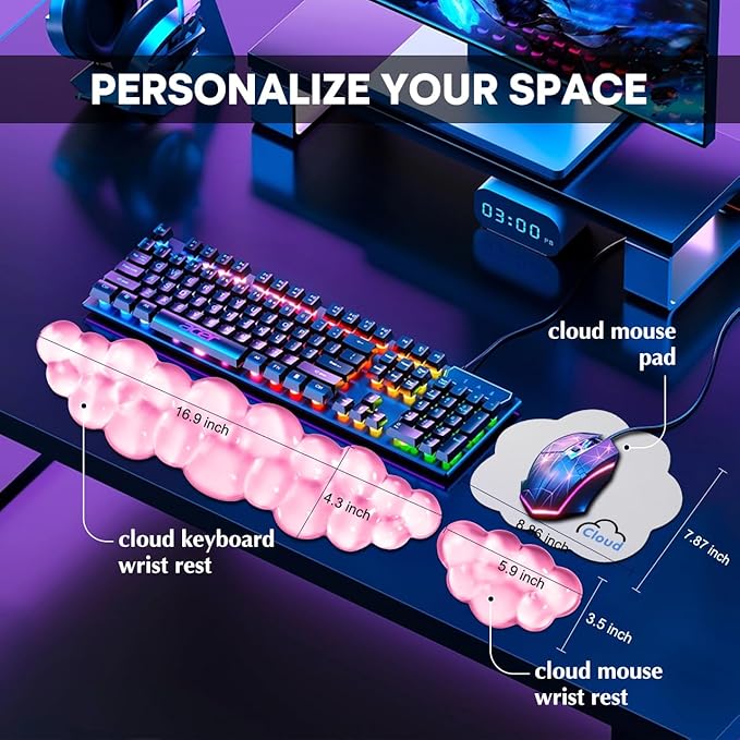 JIKIOU Clear Gel Wrist Rest for Keyboard and Mouse, Cool Silicone Mouse Wrist Rest Set, Cute Ergonomic Wrist Rest for Keyboard Typing Pain Relief, Suitable for Office Computer Laptop Gaming Pink