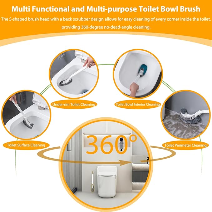 Curved Toilet Brush and Holder Set 2 Pack - Under Rim Toilet Bowl Scrubber with S-Shaped Brush Head & Back Scrubber, Compact Wall Mounted Toilet Cleaning Brush for Bathroom (White)