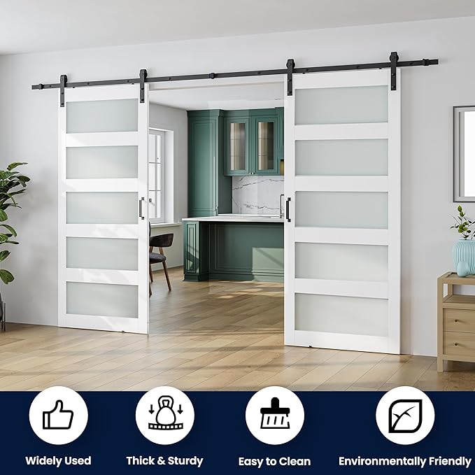 SmartStandard 72 x 84 in (Double 36×84 Door) Glass Barn Door with 12FT Sliding Hardware Kit & Handle, Pre-Drilled Ready to Assemble, Waterproof PVC Coating, 5-Panel Glass, White