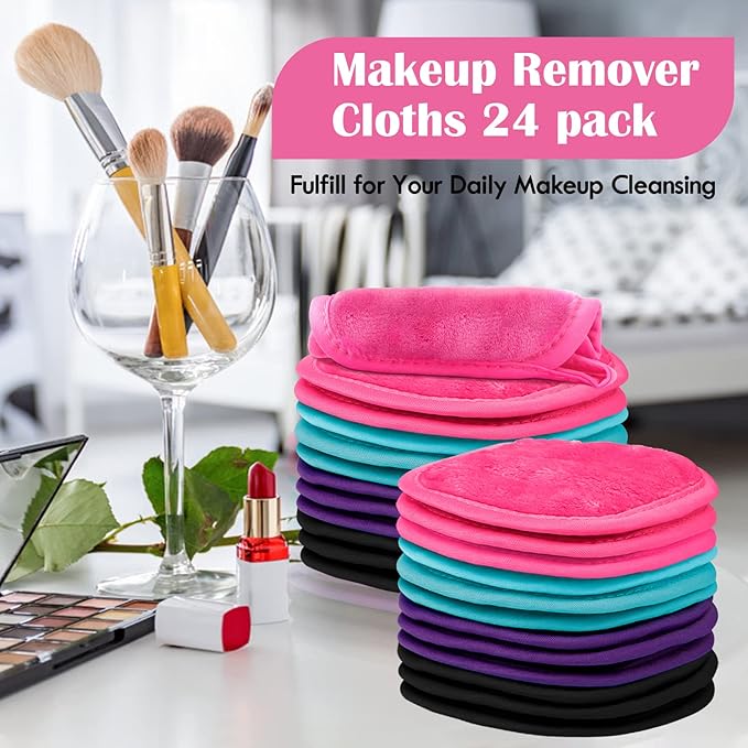 Orighty Makeup Remover Cloths 24 Pack, Makeup Removal Face Cleaning Cloth, Reusable Make Up Remover Pads Remove Instantly Dirt with Just Water, 5 x 5 in