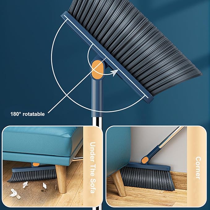 Broom and Dustpan Set, Long Adjustable Handle Indoor Sweeping Brooms, 180° Rotating Broom with Standing Storage and Scraping Teeth Dustpan to Clean Hair for Home Kitchen