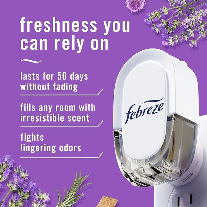 Febreze Plug in Air Fresheners, Mediterranean Lavender, Odor Eliminator for Strong Odors, Scented Oil Refill (3 Count)