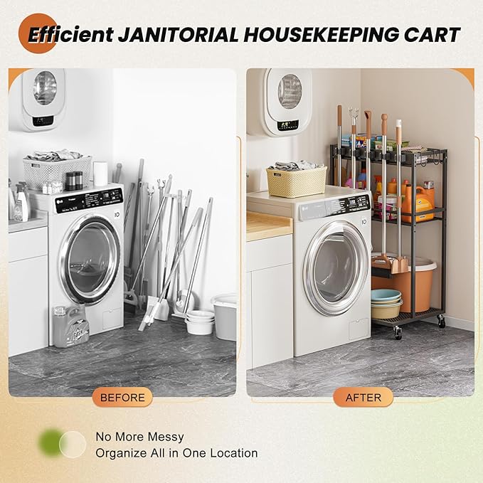 Broom Holder with Cleaning Supplies Organizer, Broom Closet Storage Cabinet with Mop Hanger Gripper Rack Hooks, Cleaning Housekeeping Janitorial Cart with Cleaning Caddy, Laundry Room Organization