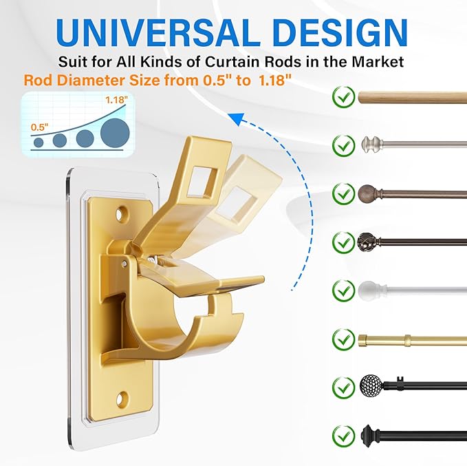Antimbee 6PCS Self Adhesive Curtain Rod Bracket, No Drilling Curtain Rod Holders, 20lbs Load Capacity Golden Hangers for Dorm, Bathroom, Living Room, Kitchen