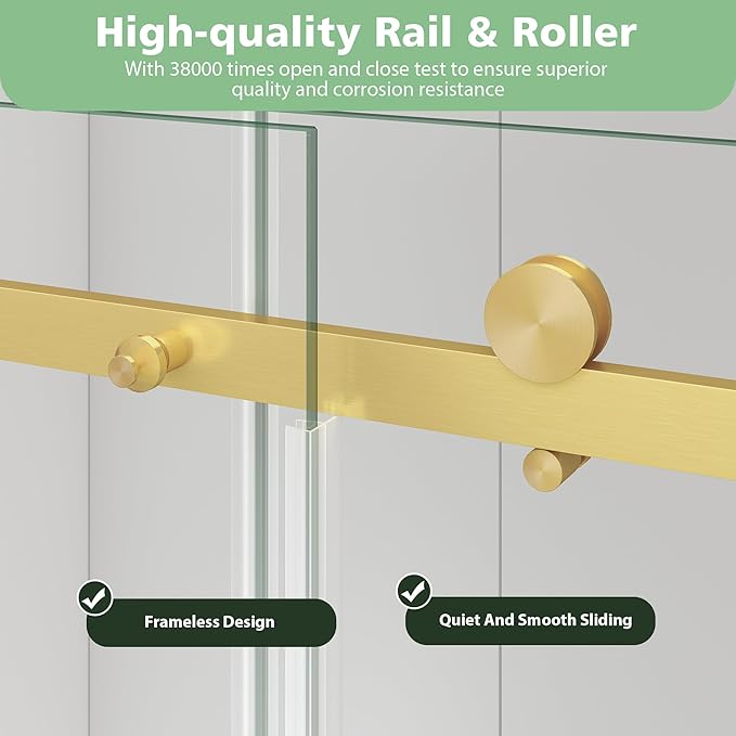 KPUY Frameless Sliding Bathtub Door, 55-60" W x 60" H Tub Shower Door, 1/4" (6mm) Thick Tempered Clear Glass with Explosion-Proof Film Nano Coating, Brushed Gold