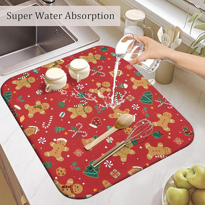 Christmas Kitchen Countertop Dish Drying Mat, Red Christmas Gingerbread Man Snowflake Pattern Microfiber Kitchen Drying Mat,Washable Absorbent Countertop Xmas Winter Holiday Dish Mat Drainer,16x18In