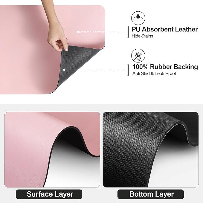 Dish Drying Mat for Kitchen Counter | Coffee Bar Mat for Countertops | Heat Resistant Drainer Mat with Non-slip Rubber Backed | Hide Stain Kitchen Absorbent Draining Mat | Pink 16"x18"