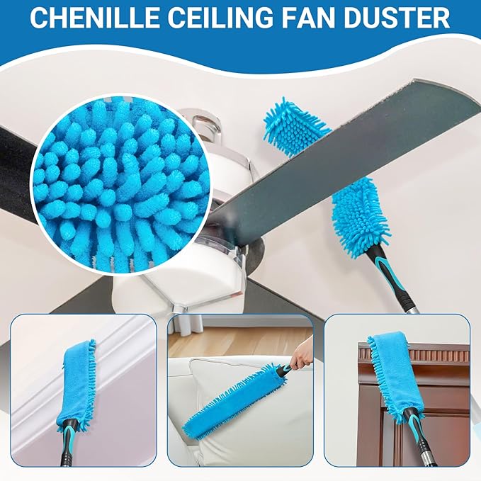 20 Feet High-Reach Cobweb Duster,Spider Web Brush & Ceiling Cleaning Kit with 5-12 feet Extendable Pole Heavy-Duty Duster for High Ceilings, Fan and Corner(Telescopic Iron Rod)