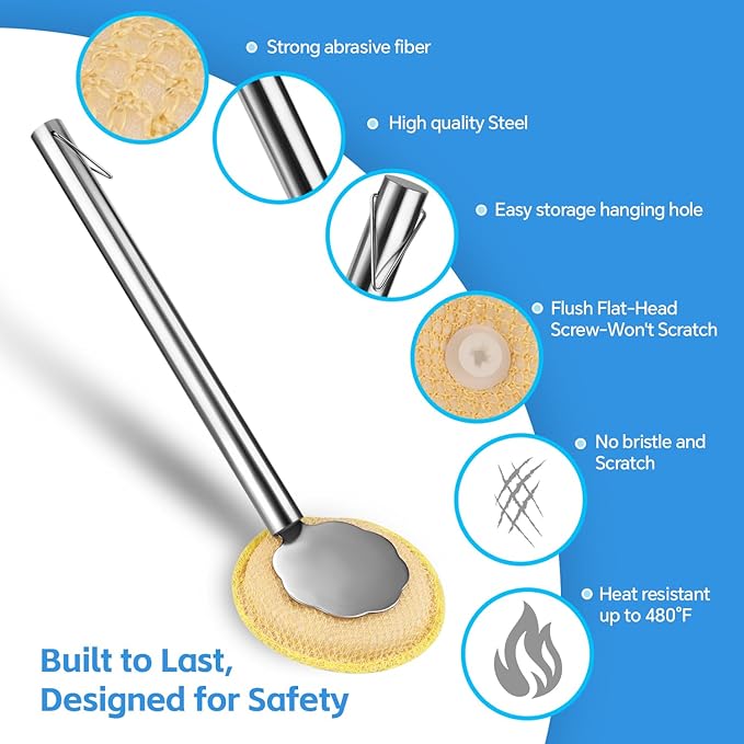 Kitchen Cleaning Brush with Handle, Non-Scratch Preserve Seasoning for Wok, Cast Iron Skillet, Pans, Oven Racks, Air Fryer, Jars - Stainless Steel Handle