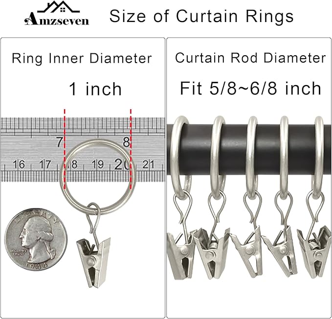 44 Pack Metal Curtain Rings with Clips, Drapery Clips with Rings, Drapes Rings 1 inch Inner Diameter, Fits Diameter 5/8 inch Curtain Rods, Matte Silver