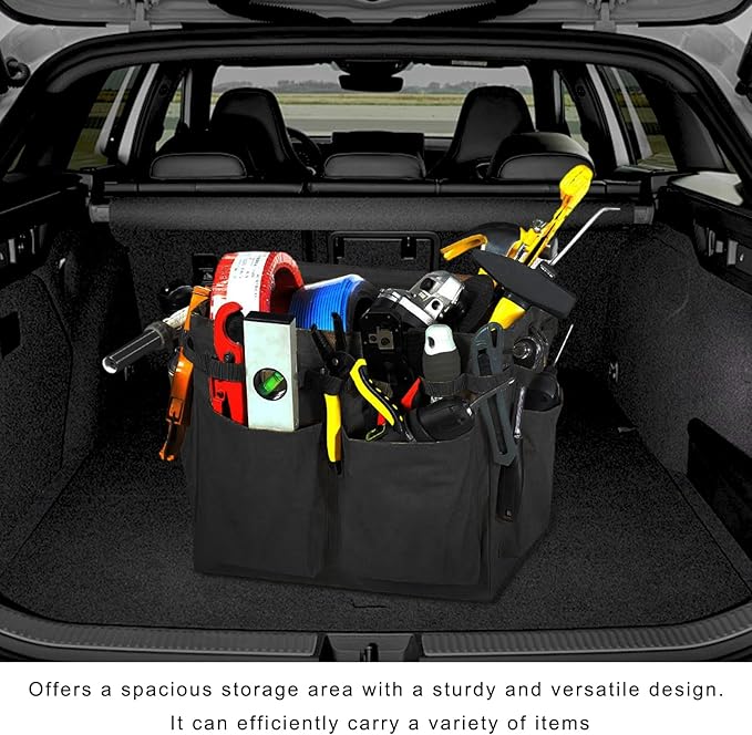 Car Trunk Organizer, Large Capacity Collapsible Tote Wearable Cleaning Caddy Bag w/Adjustable Straps, Multifunctional Vehicle Storage Box for Groceries Tools Cleaning Supplies (Black)