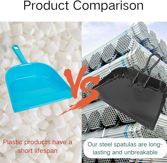 2 Pack Metal Dustpan and Brush Set - 12in Heavy Duty Steel Dust Pan with Handle, Handheld Dustpan Wide Scooper for Indoor, Outdoor, Fireplace