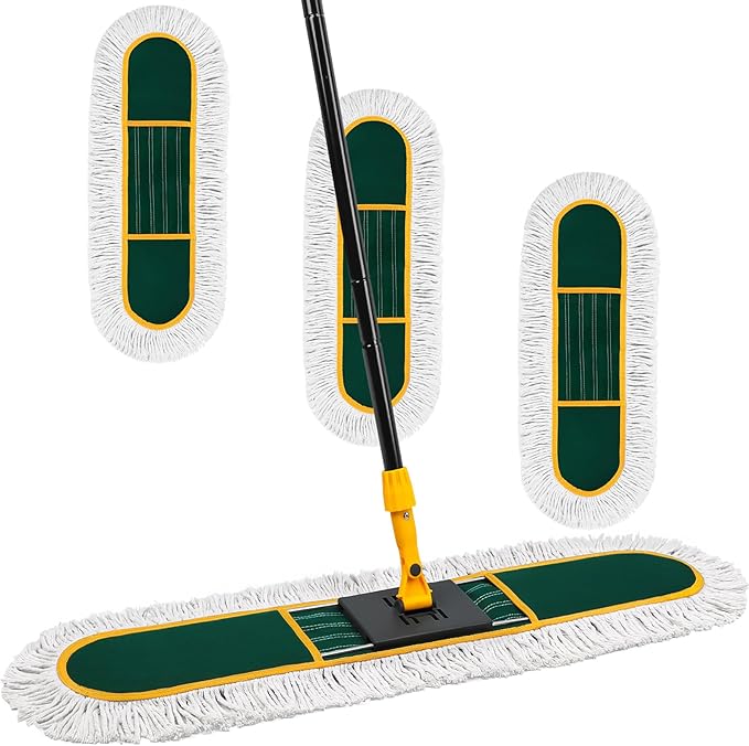 24 Inch Commercial Dust Mop for Floor Cleaning-Heavy Duty Dry & Wet Push Broom with 3 Washable Pads, 57" Handle & 360° Swivel Floor Duster for Hardwood, Laminate, Vinyl Floors & Warehouse