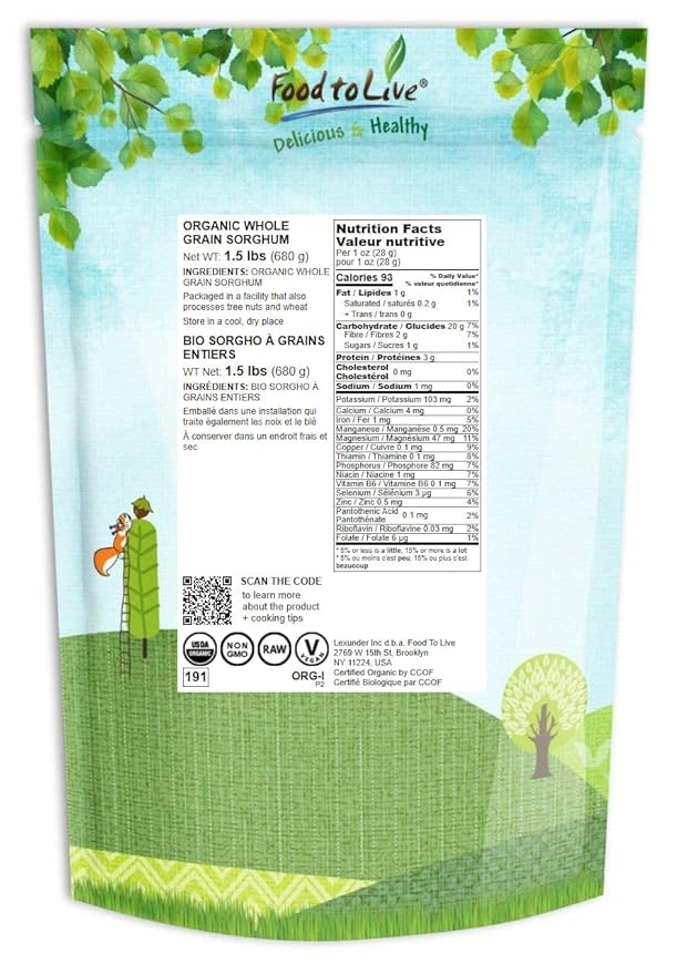 Food to Live Organic Italian White Whole Grain Sorghum, 1.5 Pounds — Non-GMO White Groats. Raw Milo Seeds. Vegan, Bulk Broom-corn. Durra is Great for Making Flour and Popped Jowar Dhani