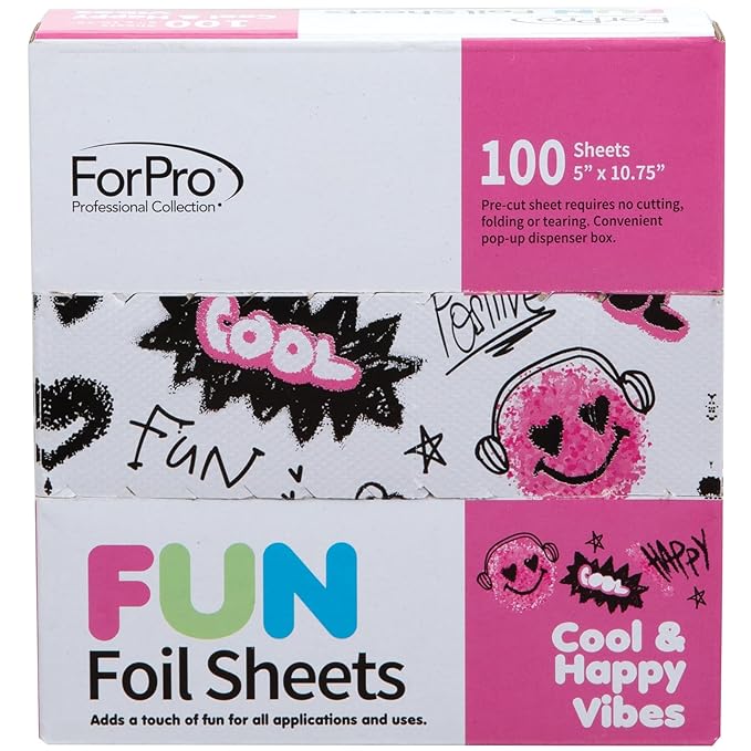ForPro Professional Collection FUN Cool & Happy Vibes Foil Sheets, Aluminum, Pop-Up Foil Dispenser, Hair Foils for Color Application & Highlighting Services, Food Safe, 5” W x 10.75” L, 100-Count