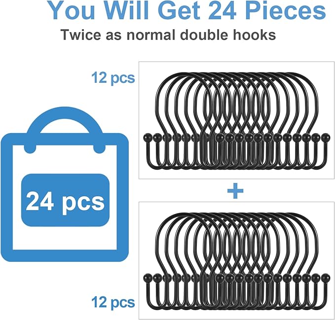 24 Pack Double Shower Curtain Hooks Rings, TENOVEL Double Sided Shower Curtain Hooks Rust Proof for Shower Curtain, Stainless Steel Bathroom Shower Hangers Rings for Shower Rods, Matte Black