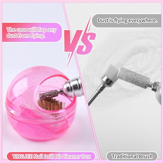 Nail Drill Bits Cleaner Brush Case Accessories, Nail Art Cleaner Tool Case with Steel & Nylon Wire Brush for Cleaning Tungsten Carbide Ceramic Nail Drill Bits Cuticle, Pink