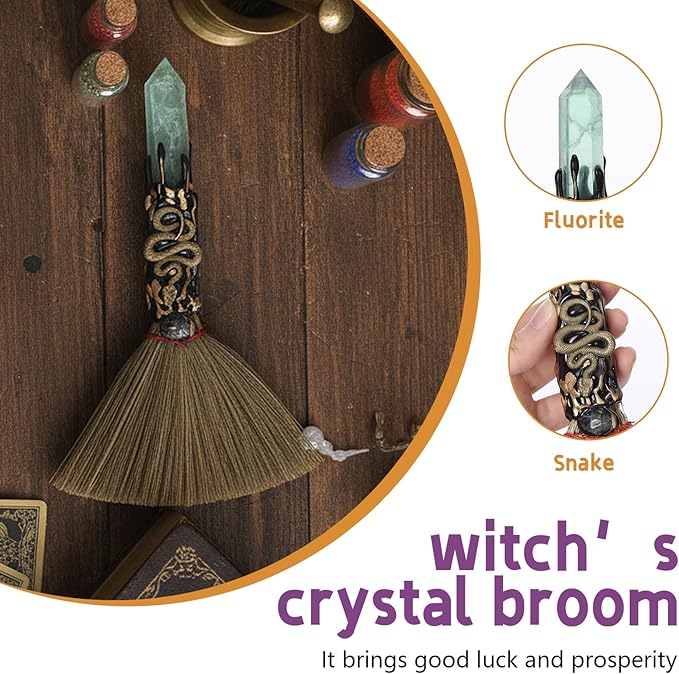 Witch Crystal Altar Broom - Witchcraft Supplies Wiccan Decor Snake Altar Supplies with Green Fluorite Natural Healing Crystals Reiki Energy Emotional Regulation Crafts
