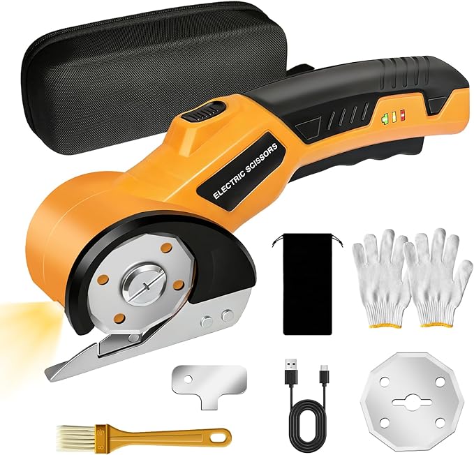 Electric Scissors, Cardboard Box Cutter with Safety Lock & LED Light, 2000mAh Battery, Tungsten Steel Blade, Storage Bag and Box, Suitable for Fabric Carpet Carton Plastic Leather Cloth