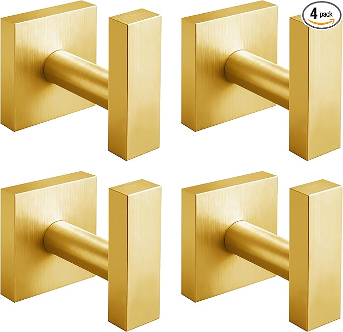 Towel Hooks for Bathrooms, Brushed Gold Towel Hook for Kitchen Bathroom, SUS304 Stainless Steel Coat Hook, Square Heavy Heavy Duty Robe Hooks for Hanging Towels, Coats, sponges, Wall Mount, 4 Pack