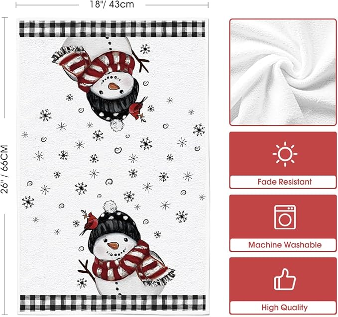 Artoid Mode Black Red Xmas Tree Snowman Christmas Kitchen Towels Dish Towels, 18x26 Inch Holiday Bird Believe Winter Decoration Hand Towels Set of 2