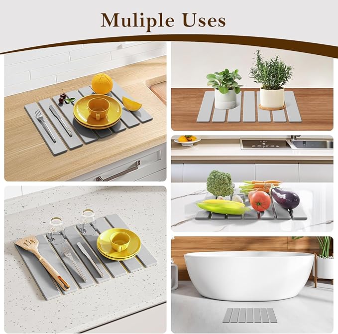 Stone Dish Drying Mats for Kitchen Counter,15.5“x 11.8”,Eco-Friendly,Foldable quick dry stone mat kitchen,Absorbent Diatomaceous Earth Mats for Dishes Bottles Cups Bathroom Any Countertop-Light Gray