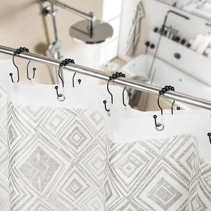 Shower Curtain Hooks, Sturdy Metal Black Shower Curtain Rings, Glide Roller Double Shower Hooks, Rust Proof Anti-Drop Curtain Hooks, 12 Pcs Smooth Sliding Rings for Bathroom Shower Rods Curtains