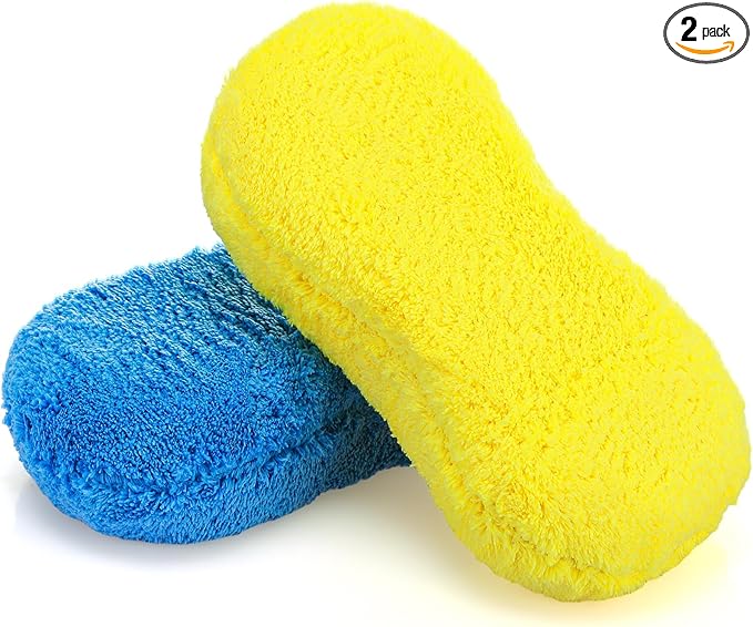 Tanlade 2 Pcs 2 Pack Large Microfiber Car Wash Sponge for Cleaning, Non Scratch Microfiber Sponges for Car Washing Supplies, Trucks and Motorcycles (Blue,Yellow)
