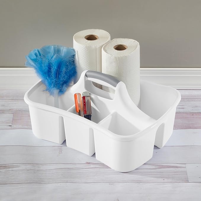 Large Divided Cleaning Caddy with 4 Compartments & Handle, 17.75" Plastic Utility Tote for Cleaning Supplies Under Sink, Bathroom & Garage Organization, White
