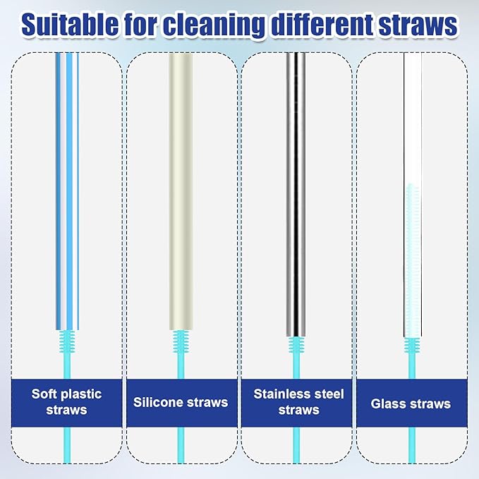 2pcs Silicone Straw Brushes, 6mm+8mm Extra Long Straw Cleaner Brush Reusable Hanging Straw Cleaning Brush Bendable Crevice Brush Pipe Cleaners for Glass Metal Straw (Blue)