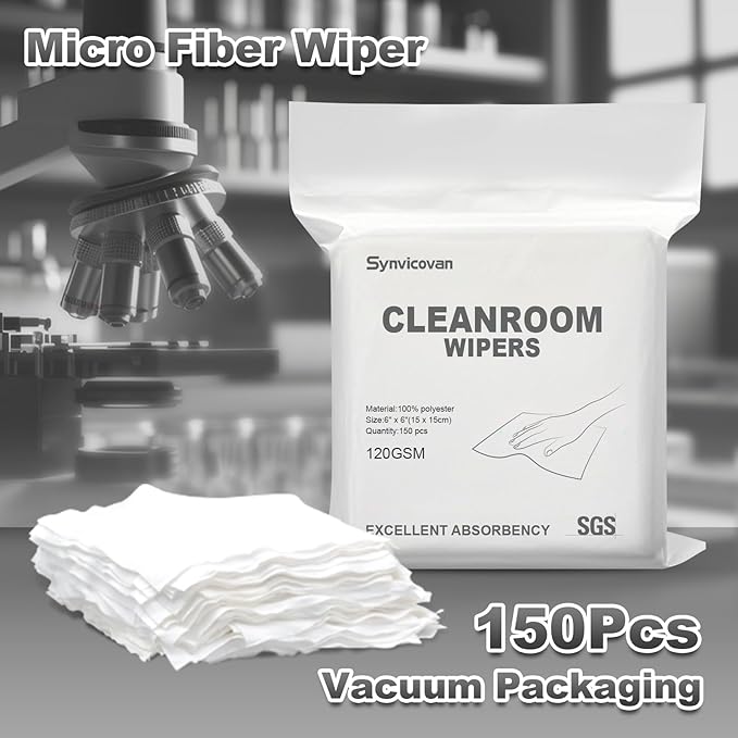 Cleanroom Wipers 6"x6"(150 Pcs, 100% Polyester, Class 100, 120GSM) Double Knit 100% Lint Free Cloths with Ultra-fine Filaments, Laser Sealed Edge Ultra-Soft Wipers