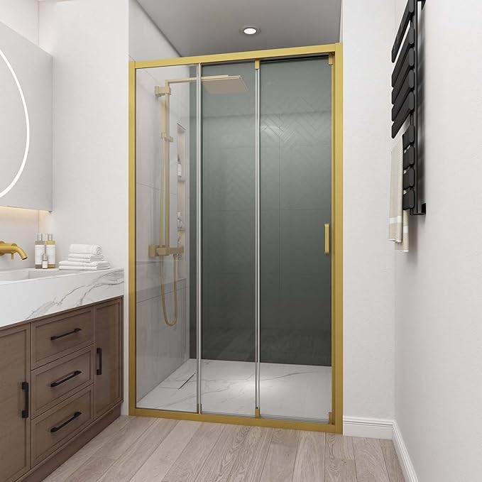 46" W x 78" H 3-Panels Sliding Shower Door, Shower Door Clear 6mm Tempered Glass with Brushed Gold Frame, 3-Panels Sliding Shower Easy to Clean,Three-Panel Synchronized Shower Sliding Door