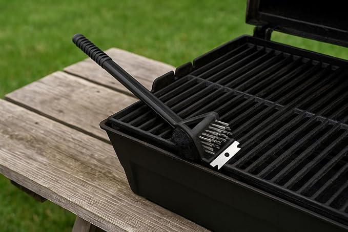 3-in-1 Grill Brush with Scraper, Wire Bristles & Scouring Pad – 18” BBQ Cleaner Tool with Long Handle – Heavy-Duty Grill Cleaning Brush for Barbecue, Gas & Charcoal Grills