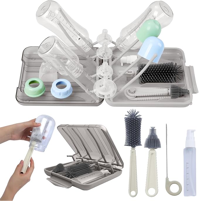 Bottle Brush Set Cleaner Silicone Brushes - Premium Food-Grade Silicone - Travel Friendly Portable Baby Bottle Cleaner Kit (White, Classic Style)