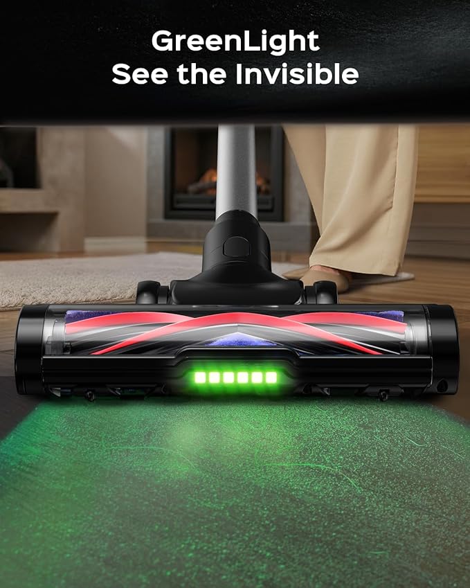 Cordless Stick Vacuum Cleaner – 3-in-1 Brush Roll for Hard Floors and Carpets, 55 Min Runtime Rechargeable Lightweight Vacuum with Green LED Headlight for Pet Hair and Dust Cleaning