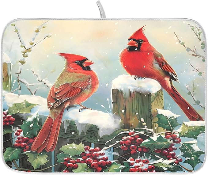 Winter Birds Snowflakes Berry Dish Drying Mat for Kitchen Counter Absorbent Microfiber Large Christmas Drying Pad Dish Mats for Kitchen Countertops 18 x 24 Inch