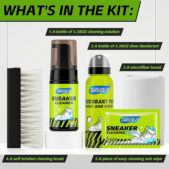 X-SMILE Sneaker Cleaning Kit, Foam Cleaner for White Shoes, PU & Synthetic, Canvas, Mesh & Rubber, Brush, Towel & Wipe 100ml