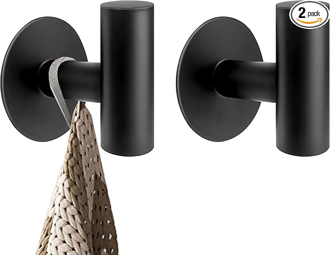 Adhesive Towel Hooks, Black SUS 304 Stainless Steel Hooks, Heavy Duty Waterproof Wall Hooks, Self Adhesive Coat Robe Hooks for Bathrooms Kitchen Wall Mounted (Black, 2 Pcs)