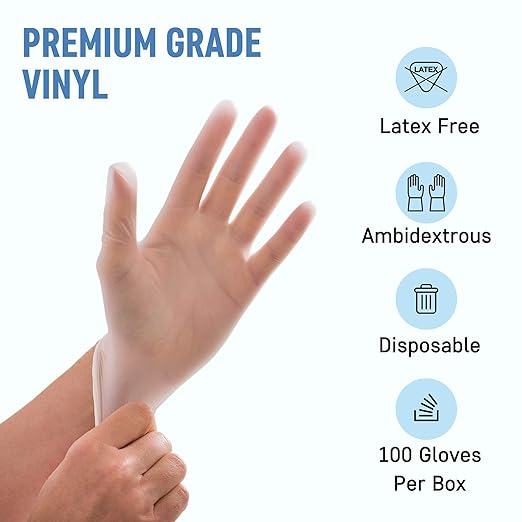 Powder Free Disposable Gloves X Large, [1000 Count] - 4 Mil Clear Vinyl Gloves- Extra Strong, 4 Mil Thick - Latex Free, Food Safe, Medical Exam Gloves, Cleaning Gloves - 10 Boxes of 100
