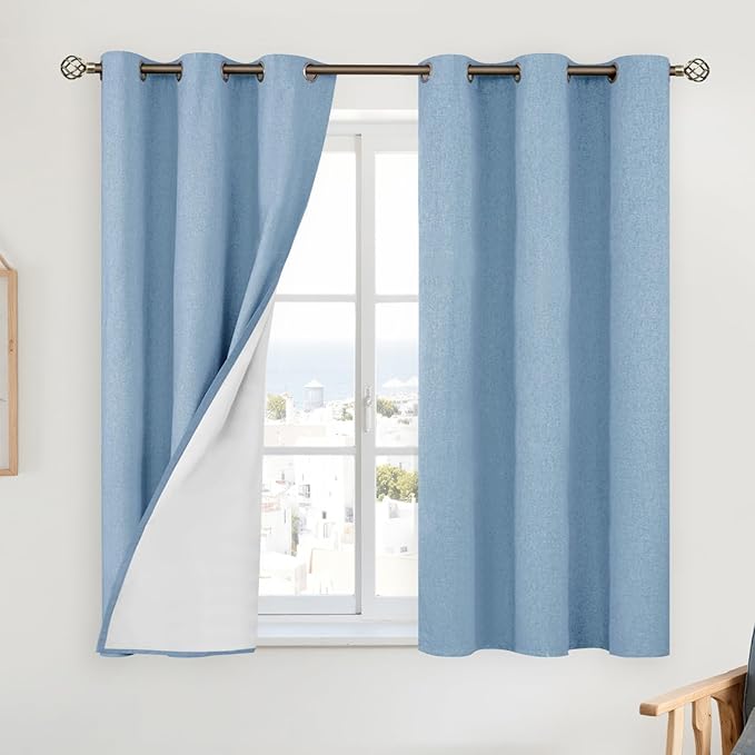 YoungsTex Light Blue Linen 100% Blackout Curtains 48 Inch Length for Bedroom, Short Thermal Insulated Drapess with Grommet Privacy for Bathroom Living Room Window, 2 Panels, 42 X 48 Inch