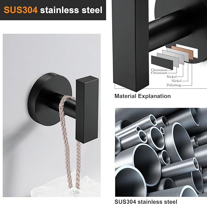 Nolimas Towel Hooks for Bathrooms, Matte Black Towel Hook for Kitchen Bathroom, SUS304 Stainless Steel Coat Hook, Heavy Duty Holder Robe Hooks for Hanging Towels, Coats, sponges, Wall Mount, 2 Pack