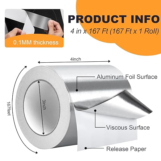 DGSL Aluminum Foil Tape, 4in x167ft(3.9 mil) Silver Metal High Temperature Heavy Duty HVAC Tape for Ductwork, Sealing, Patching, HVAC