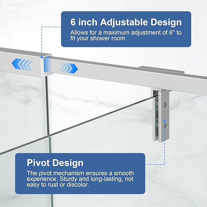 Semi Frameless Pivot Shower Door 42-48" W x 72" H, Swing Shower Glass Doors with Nano Explosion-Proof Film Tempered Glass 1/4"(6mm) Reversible Installtion, Brushed Nickel Finish
