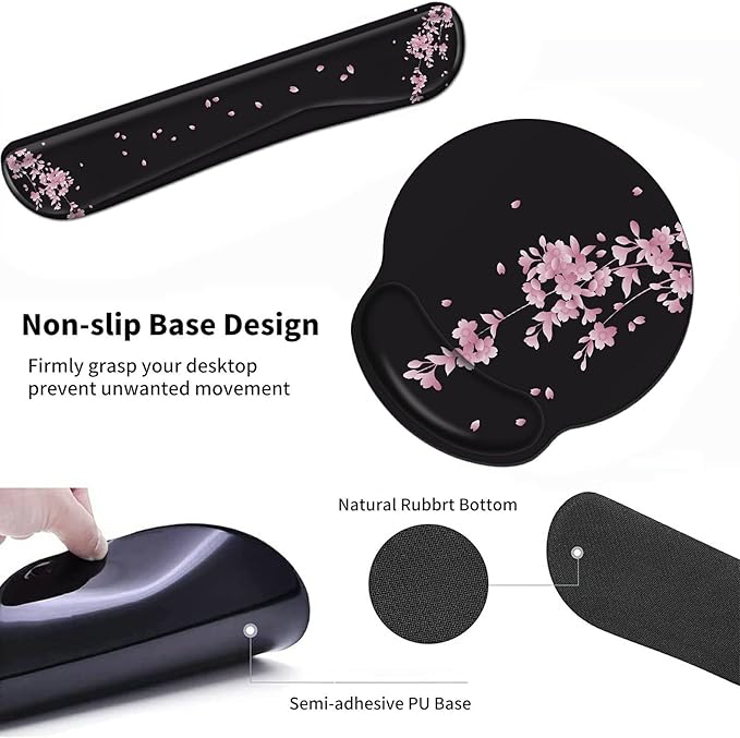 Wrist Rests for Keyboard and Mouse Support Gel Pad + Screen Cleaning Pad + Coaster, Cloth Wipes for Laptop/Computer Screen, Ergonomic Memory Foam Mousepad for Gaming/Work, Cherry Blossoms