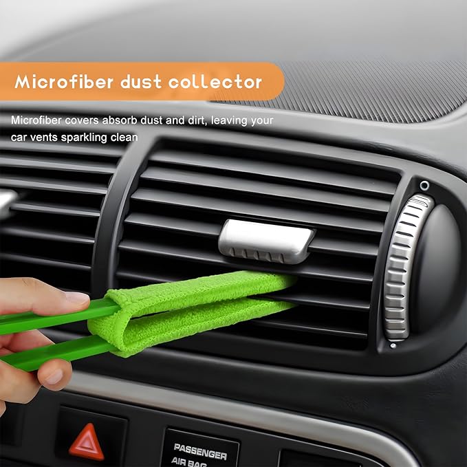 2 PCS Car Blinds Duster, Window Blind Cleaner Duster Brush with Removable Microfiber Sleeves, Multifunction Cleaning Tool for Auto Shutter Air Conditioner Vents Keyboard (Green)